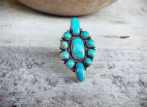 Large Navajo Cluster Turquoise Ring For Women Size Native American