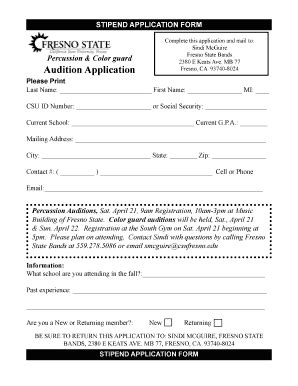 Fillable Online Percussion Color Guard Audition Application Fax Email