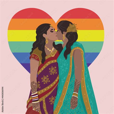 Indian Lgbtq Queer Lesbian Women Kissing Wearing Traditional Indian Dress Hands Painted With