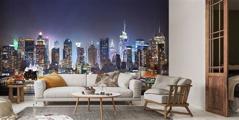 New York Manhattan Skyline Natt Tapeter Väggmålning Wallsauce Se