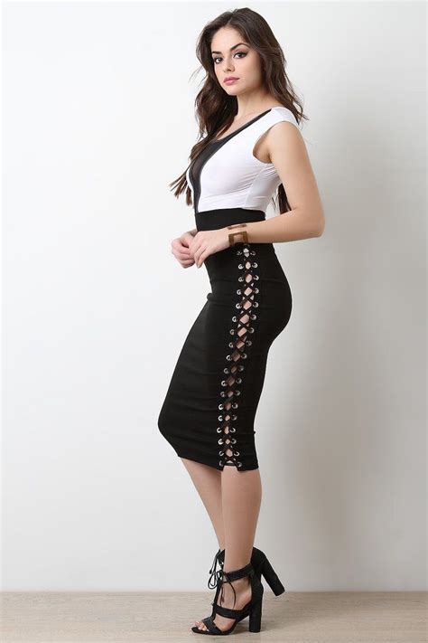 Corset Lace Up Side Midi Skirt Fashion Lace Corset Skirts