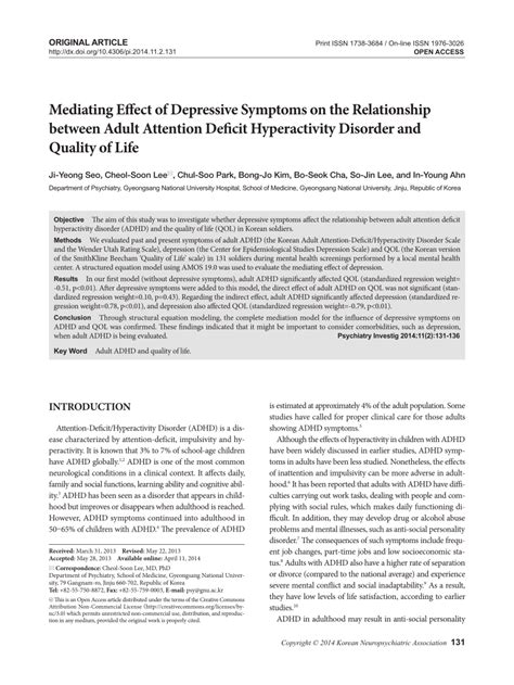 pdf mediating effect of depressive symptoms on the relationship between adult attention