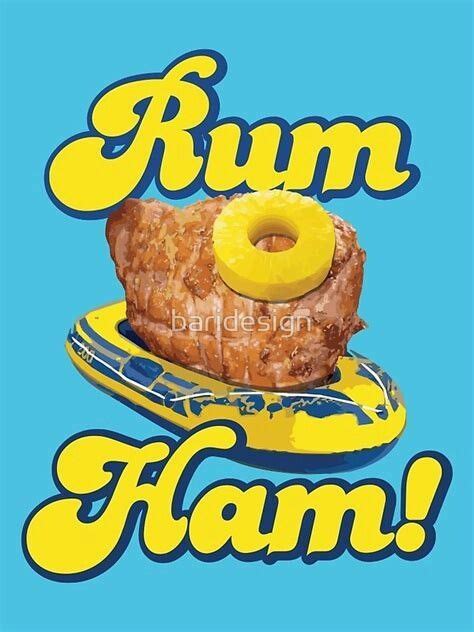 A Blue And Yellow Poster With A Donut On It S Plate That Says Rum Ham