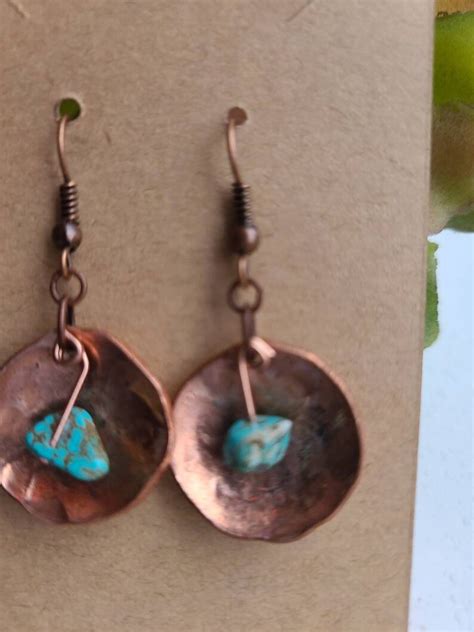 Hammered Copper Earrings Copper And Turquoise Earrings Etsy Uk