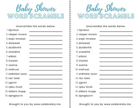 Free Printable Baby Shower Word Scramble With Answer Key