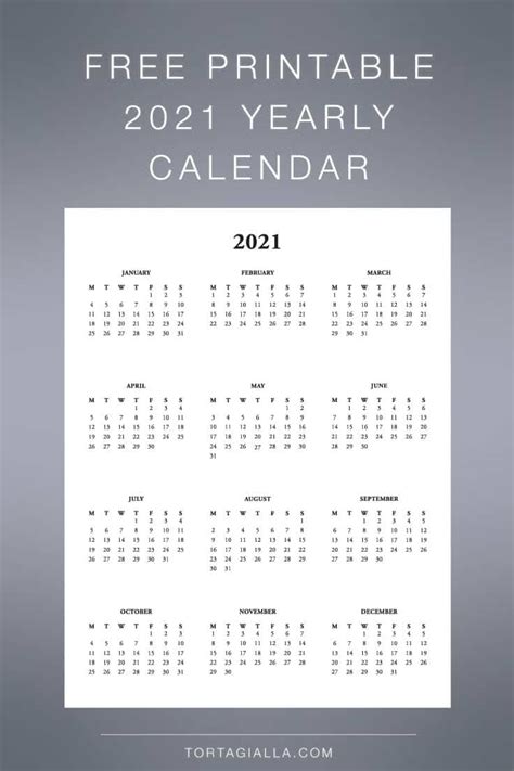 Freebie 2021 Printable Yearly Calendar Tortagialla