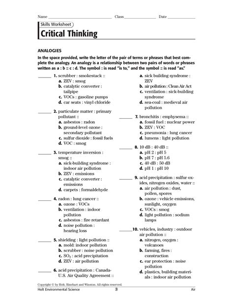 Critical Thinking Worksheet Answers