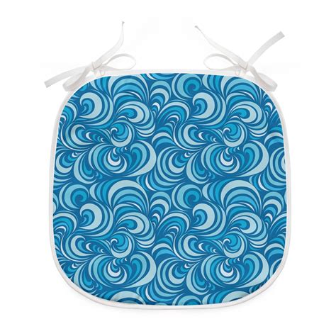 Blue Dining Chair Pad Marine Waves Pattern Abstract Curly Forms