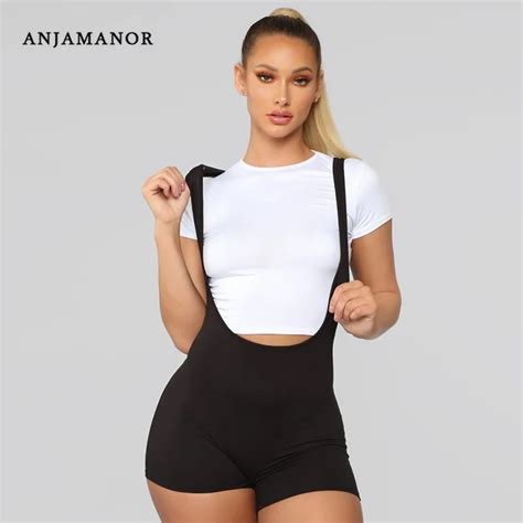 Anjamanor Black High Waisted Shorts Casual Overalls Summer Stretchy Spandex Romper Workout