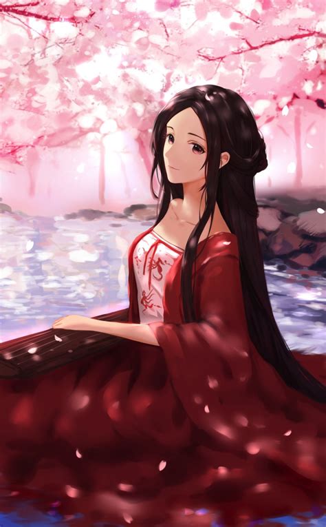 Download Wallpaper 950x1534 Cute Anime Girl Cherry Flowers Music