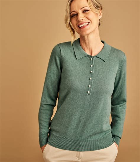 Verdigris Ladies Cashmere And Merino Knitted Polo Shirt Woolovers Uk