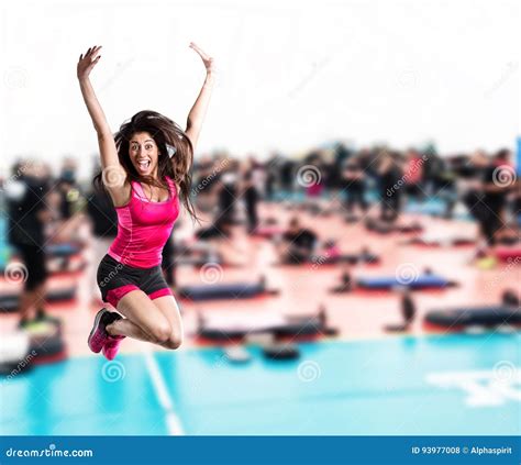 Fitness Teacher Jumps At The Gym Stock Photo Image Of Energy Aerobic