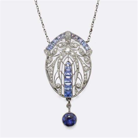 Art Nouveau Sapphire Diamond Millegrain Necklace Art Nouveau