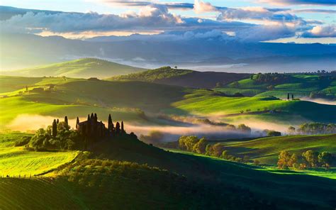 1920x1200 Wallpaper Italy Tuscany Fields Trees Top View Fog