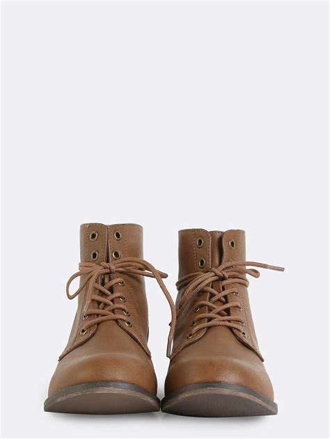 Lace Up Leather Ankle Boots Brown Sheinsheinside