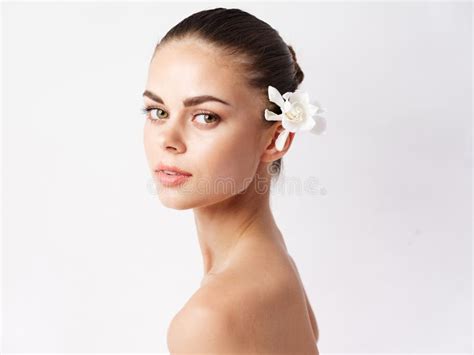 Woman With Flower Make Up In Hair Nude Shoulders Stock Photo Image Of