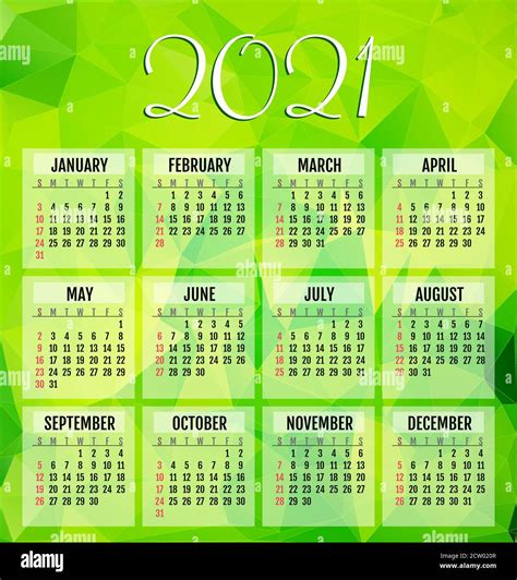 Vector Calendar 2021 Year With Green Abstract Background Week Starts