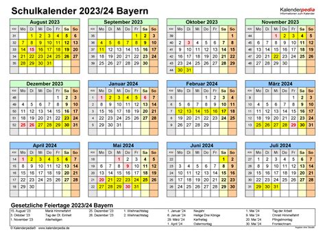 Schulkalender 20232024 Bayern Für Excel