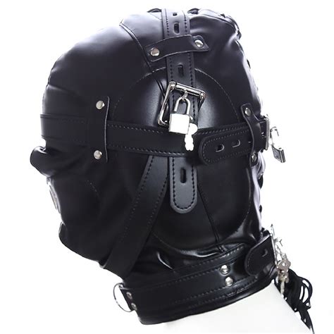 Leather Bondage Gimp Mask Hood Black Full Face Blindfold Breathable