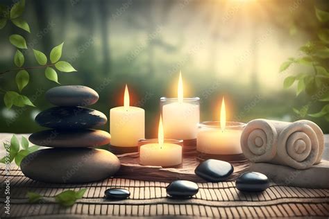 Beauty Spa Treatment And Relax Concept Hot Stone Massage Setting Lit By Candles Neural Network