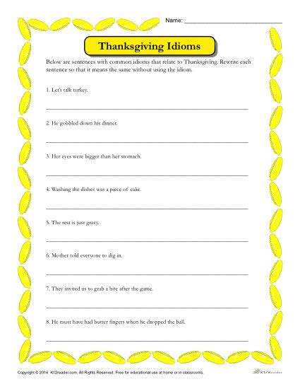 thanksgiving phrases printable   grade idioms activity