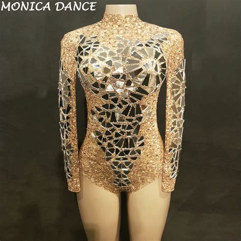 Women Sexy Gold Net Yarn Bodysuit Full Silver Bling Sparkling Mirrors Jumpsuit Nightclub Party