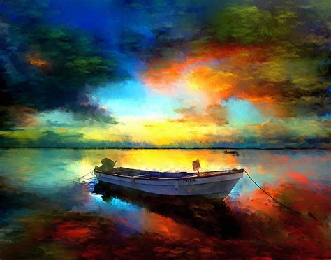 Sunset Boat Landscape Artwork Painting Painting By Andres Ramos