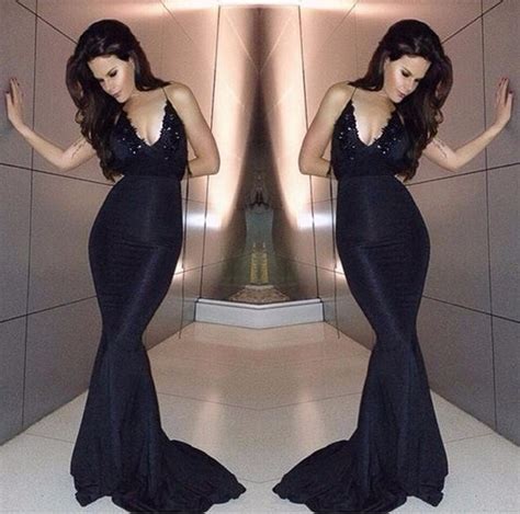 Sex Black Mermaid Spaghetti Strap Open Back Prom Dress With Lace Applique Detail Formal Dress