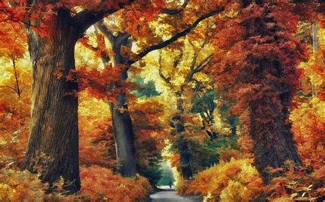 Nature Landscape Forest Road Fall Trees Colorful Shrubs Wallpaper