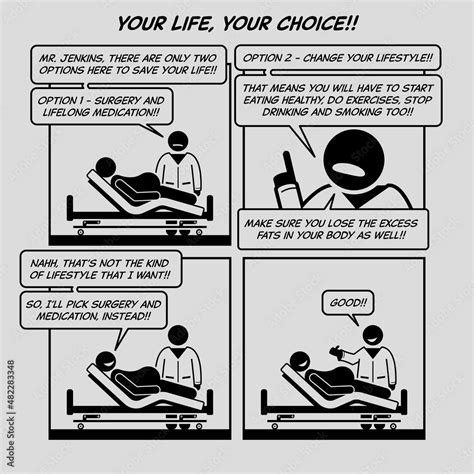 Funny Comic Strip Your Life Your Choice Doctor Talking With Overweight Patient At Hospital