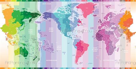 Poster Mural Carte Du Monde Avec Les Fuseaux Horaires Mcv1023fr