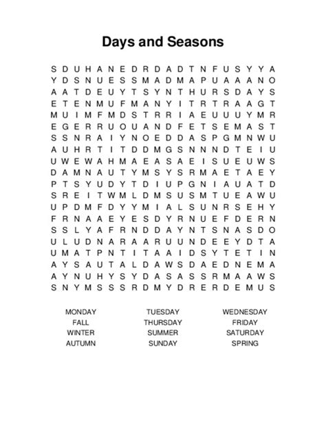 Days And Seasons Word Search