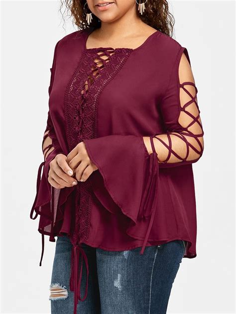 Plus Size Lace Panel Flare Sleeve Blouse Wine Red 2xl Blouses For