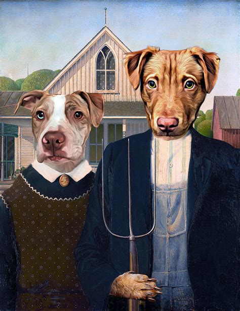 Two Pet Portrait American Gothic Farmer And His Wife Dog Etsy