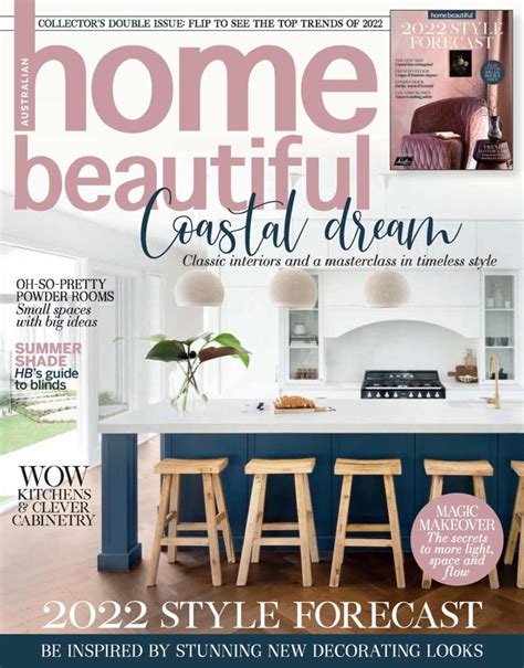 The Front Cover Of A Magazine With Stools And Kitchen Counter Tops On