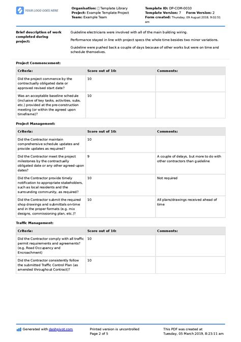 Contractor Performance Report Template Free And Customisable Report