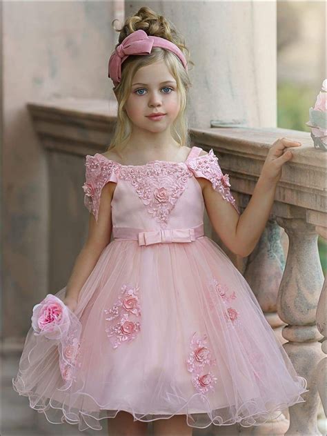 Girls Princess Sleeve Lace Flower Embellished Dress Little Girl
