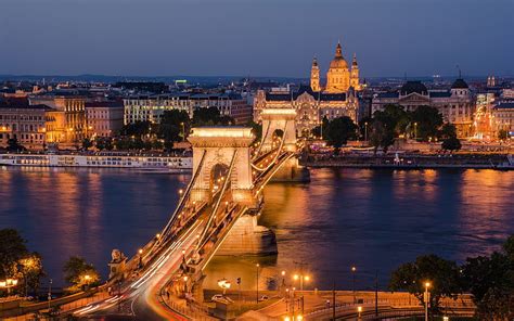 Chain Bridge Budapest Evening Sunset City Lights Danube River