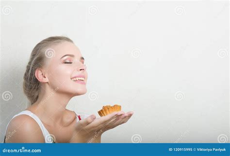 Lovely Blonde Lady Enjoying Sweet Dessert With Berries Space For Text Stock Image Image Of