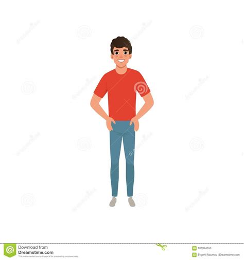 Young Caucasian Man Dressed In Red T Shirt And Blue Jeans