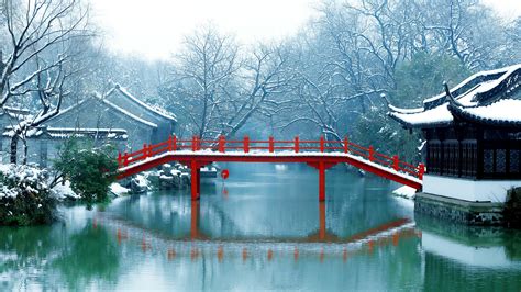 Hintergrundbilder Winter Schnee Suzhou Gardens Garten China See