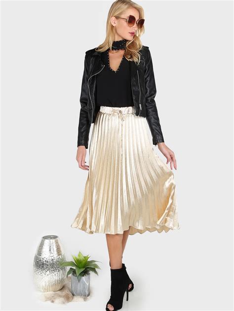 Pleated Metallic Midi Skirt Gold Sheinsheinside