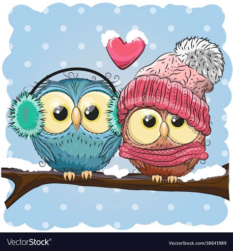 Two Cute Drawn Owls Sits On A Branch Vector Image On Vectorstock