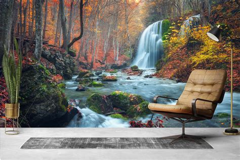 Autumn Waterfall Forest Wall Mural Wallpaper