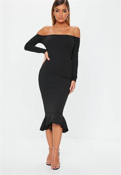 Black Bardot Fishtail Bodycon Midi Dress Missguided