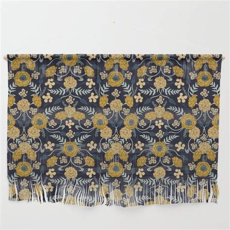 Navy Blue Turquoise Cream And Mustard Yellow Dark Floral Pattern Wall