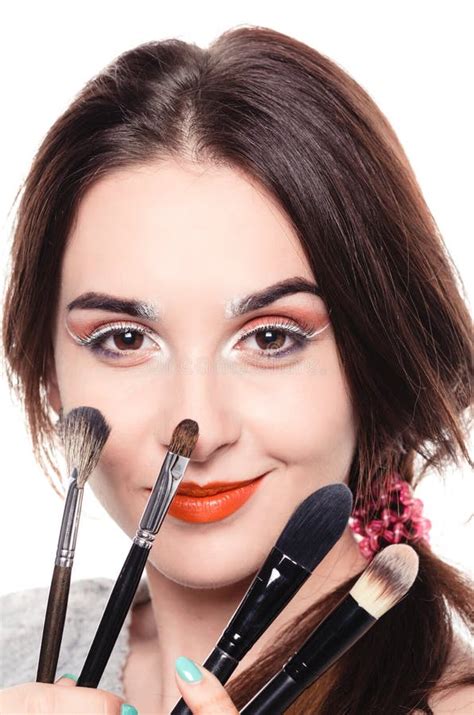 Woman Holding Different Make Up Brushes Stock Image Image Of