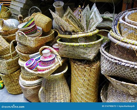 A Pile Of Handmade Woven Baskets Made From Fiber Stock Photo Image Of