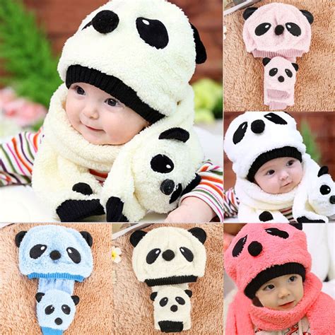 Kids Winter Warm Hats And Scarf Set Children Boys Girls Cute Panda Caps