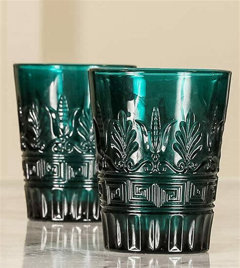 Set Of Two Teal Art Deco Glass Tea Light Holders By Dibor
